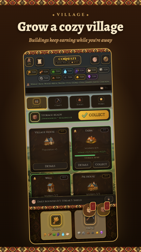 Grow a cozy village — the village home screen