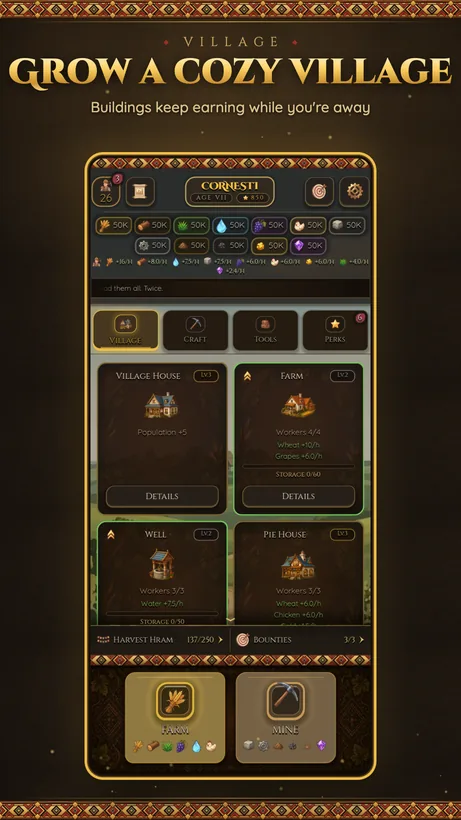 Grow a cozy village — the village home screen, buildings earning while you're away