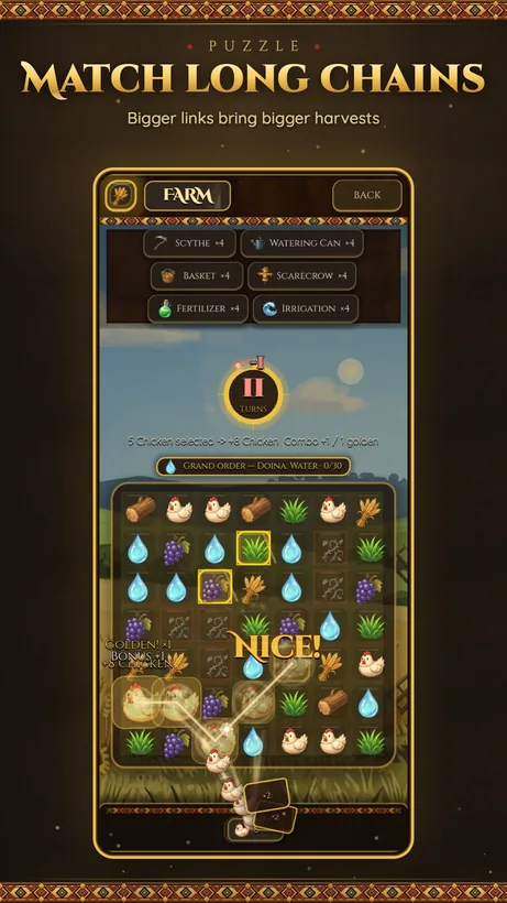 Match long chains — the farm match-3 puzzle board