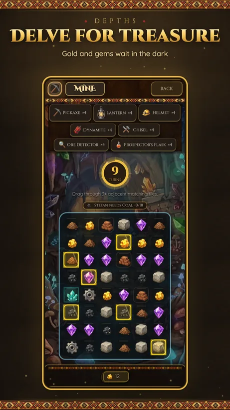 Delve for treasure — the mine puzzle board, gold and gems in the dark